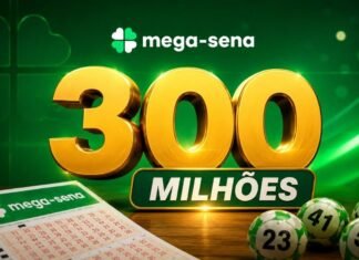 Sorteio especial da Mega-Sena pode pagar R$ 300 milhões sem acumular Mega-Sena de R$ 300 milhões em arte horizontal com bilhete, bolas numeradas e destaque para prêmio especial