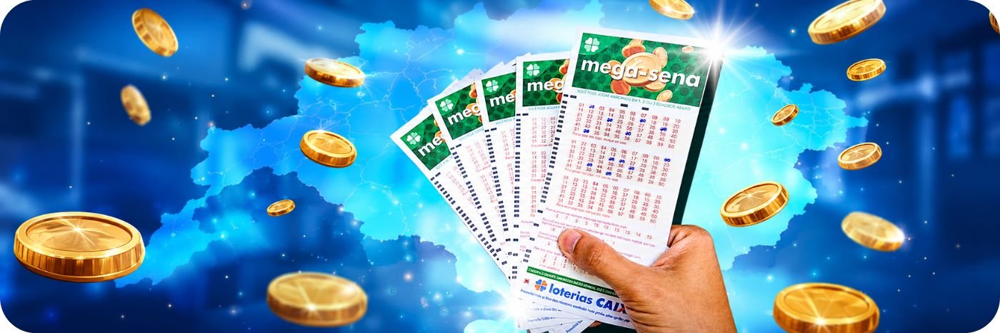 Bilhetes da Mega-Sena com moedas douradas em arte de sorteio acumulado de R$ 65 milhões
