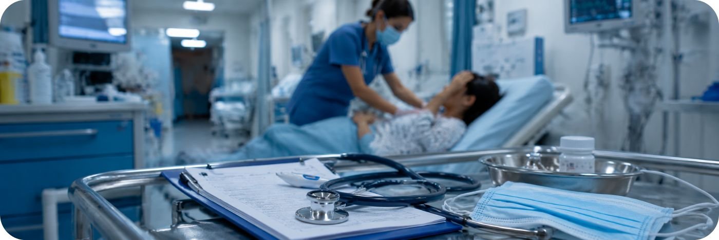 Profissional de saúde atende paciente em ambiente hospitalar durante alerta sobre meningite em Rondônia