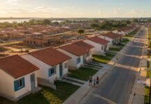 Porto Velho avança com projeto para 575 moradias populares Conjunto de moradias populares em Porto Velho com casas alinhadas, rua pavimentada e área urbana em expansão