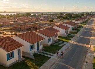 Porto Velho avança com projeto para 575 moradias populares Conjunto de moradias populares em Porto Velho com casas alinhadas, rua pavimentada e área urbana em expansão