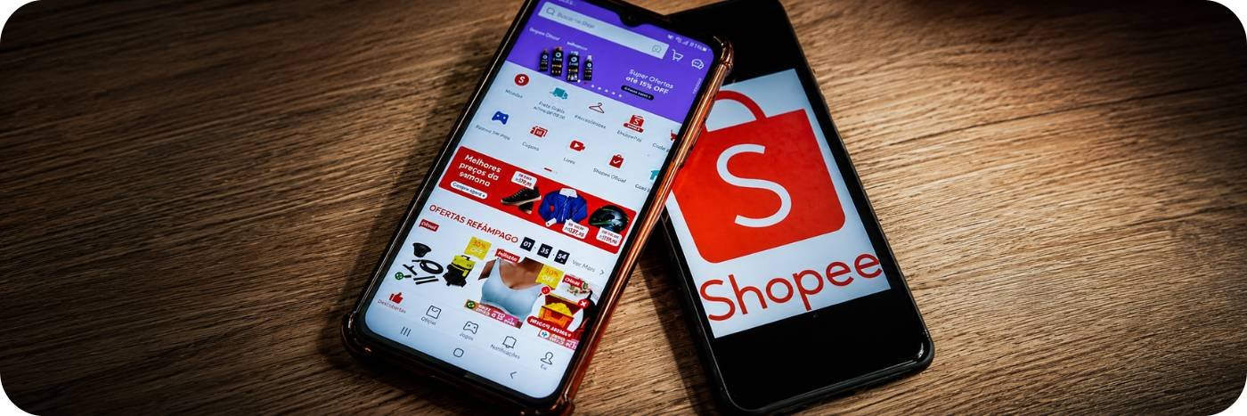 Celulares com aplicativo da Shopee em banner sobre compras internacionais