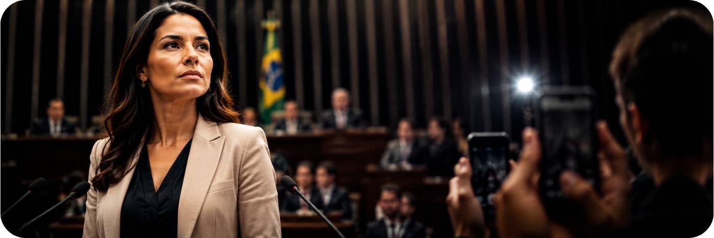 Mulher em ambiente político sob pressão pública durante debate sobre violência política contra mulheres