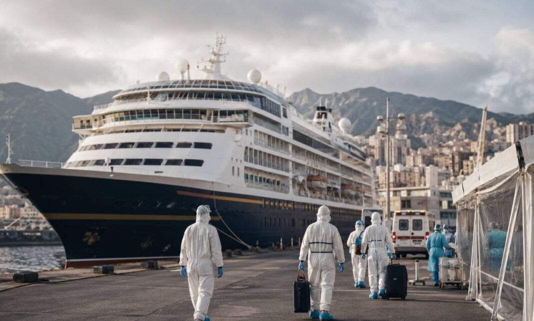 Navio com hantavírus parado em porto europeu durante operação sanitária com equipes de saúde e ambulância ao fundo