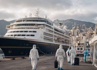 Passageiros de navio com hantavírus estão sem sintomas, diz Espanha Navio com hantavírus parado em porto europeu durante operação sanitária com equipes de saúde e ambulância ao fundo