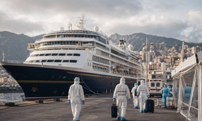 Navio com hantavírus parado em porto europeu durante operação sanitária com equipes de saúde e ambulância ao fundo