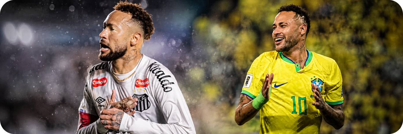 Neymar em montagem com camisa do Santos e da seleção brasileira antes da convocação para a Copa de 2026