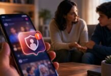 Pais serão avisados sobre buscas sensíveis feitas por filhos no Instagram Notificação do Instagram sobre segurança digital em celular enquanto adulto conversa com adolescente