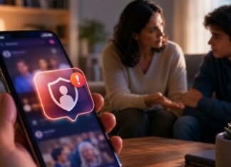 Pais serão avisados sobre buscas sensíveis feitas por filhos no Instagram Notificação do Instagram sobre segurança digital em celular enquanto adulto conversa com adolescente