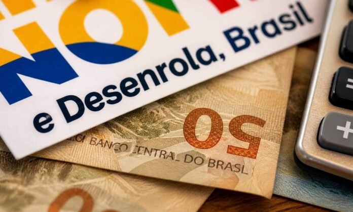 Novo Desenrola Brasil e renegociação de dívidas Novo Desenrola Brasil com cédulas de real, calculadora e material de renegociação de dívidas