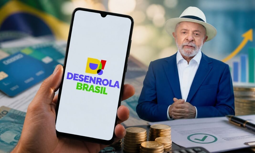 Celular com logo do Novo Desenrola Brasil ao lado de Lula, com elementos financeiros representando renegociação de dívidas