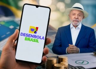 Governo lança Novo Desenrola Brasil para renegociar dívidas nesta segunda Celular com logo do Novo Desenrola Brasil ao lado de Lula, com elementos financeiros representando renegociação de dívidas
