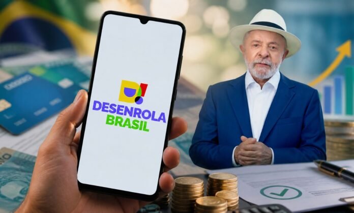 Novo Desenrola Brasil para renegociação de dívidas Celular com logo do Novo Desenrola Brasil ao lado de Lula, com elementos financeiros representando renegociação de dívidas
