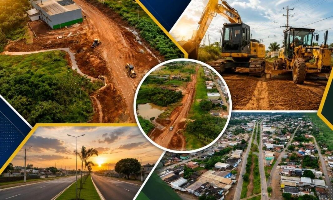 Montagem sem texto mostra obra em Jaru na Linha 625 com máquinas, estrada em preparação e vista aérea urbana