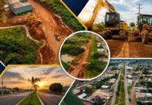 Jaru retoma obra de R$ 15 milhões na Linha 625 Montagem sem texto mostra obra em Jaru na Linha 625 com máquinas, estrada em preparação e vista aérea urbana