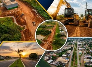 Jaru retoma obra de R$ 15 milhões na Linha 625 Montagem sem texto mostra obra em Jaru na Linha 625 com máquinas, estrada em preparação e vista aérea urbana