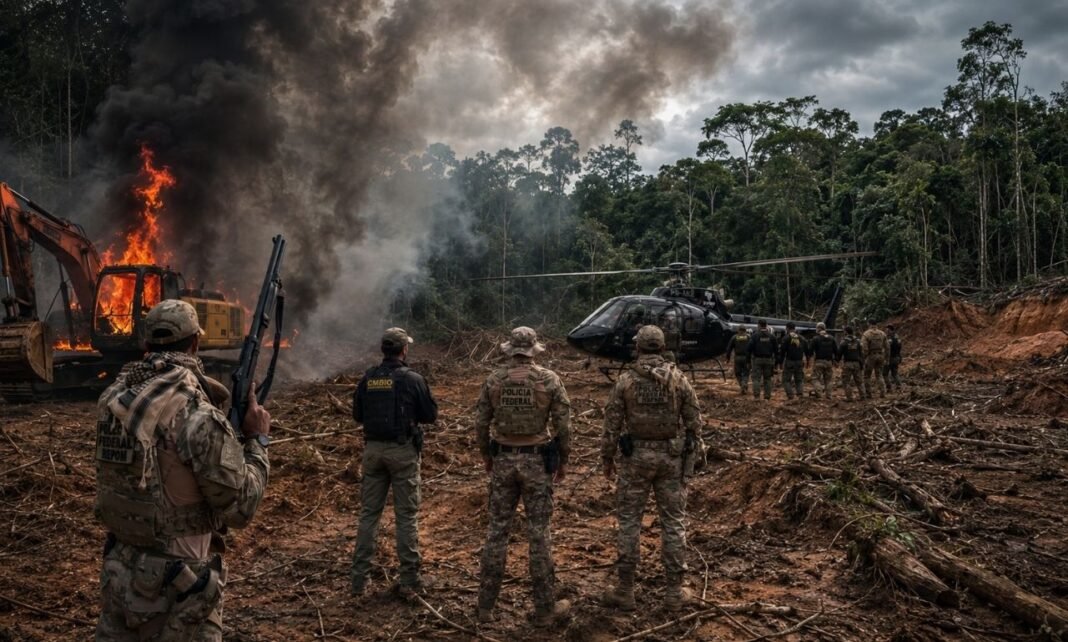 Operação da PF e ICMBio contra garimpo ilegal em Rondônia com escavadeira em chamas e agentes em área de floresta