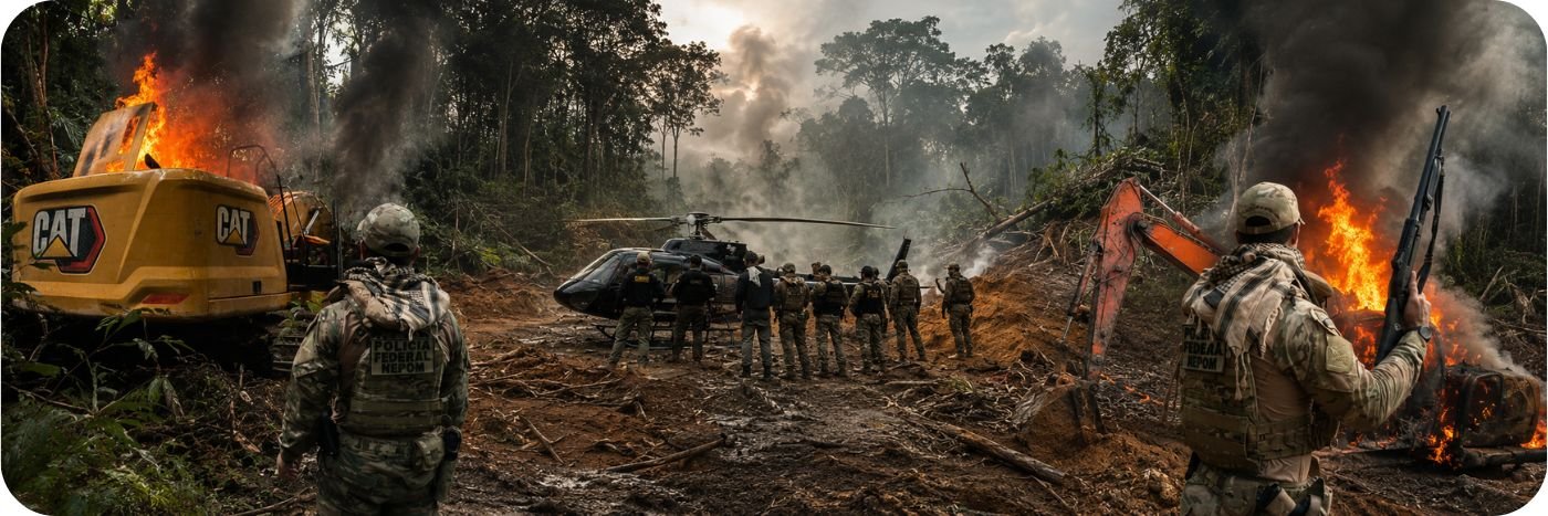 Operação da PF e ICMBio contra garimpo ilegal em Rondônia com agentes, helicóptero e máquinas em chamas na floresta