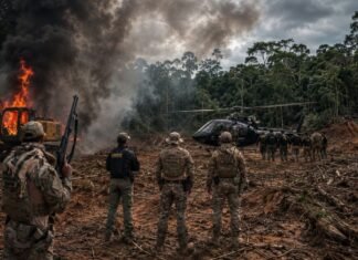 PF e ICMBio desmontam garimpos ilegais em área protegida de Rondônia Operação da PF e ICMBio contra garimpo ilegal em Rondônia com escavadeira em chamas e agentes em área de floresta