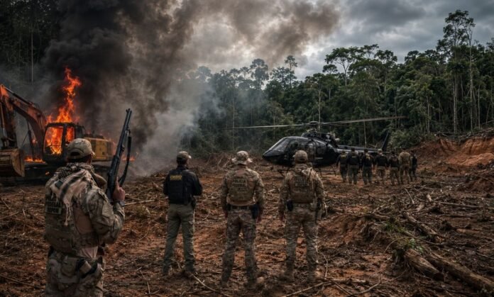 Operação contra garimpo ilegal em Rondônia Operação da PF e ICMBio contra garimpo ilegal em Rondônia com escavadeira em chamas e agentes em área de floresta
