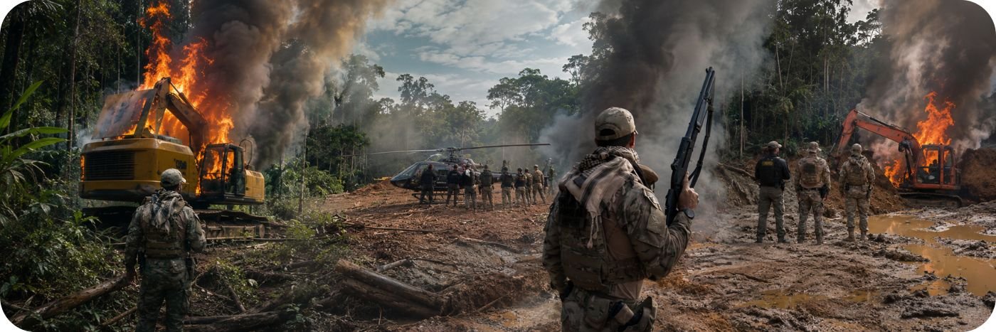Agentes federais em operação contra garimpo ilegal em Rondônia com escavadeiras em chamas, helicóptero e fumaça na floresta
