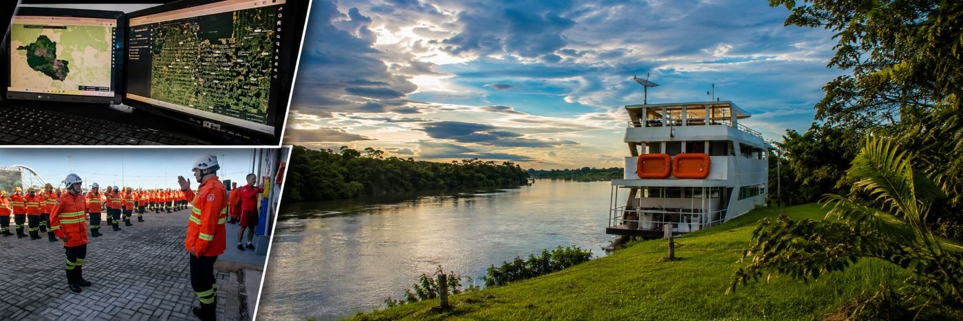 Arte jornalística sobre a Amazônia em Rondônia, com monitoramento por mapas, equipe de resgate em formação e embarcação em rio da floresta.