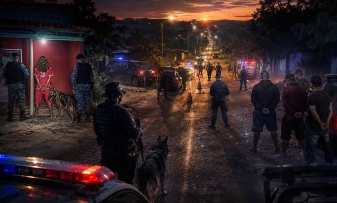 Operação policial contra facções e crimes de fronteira em Rondônia Operação policial em Rondônia com agentes, viaturas, suspeitos detidos e cão policial durante ação contra facções e crimes de fronteira