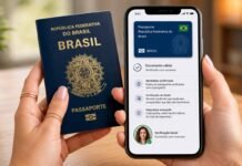 Google libera passaporte digital no celular para brasileiros Passaporte digital no Google ID aparece em celular ao lado de passaporte brasileiro físico