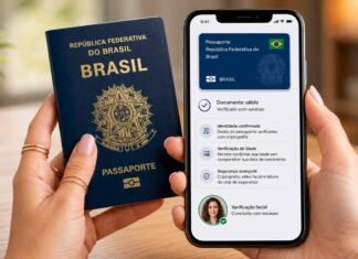 Google libera passaporte digital no celular para brasileiros Passaporte digital no Google ID aparece em celular ao lado de passaporte brasileiro físico