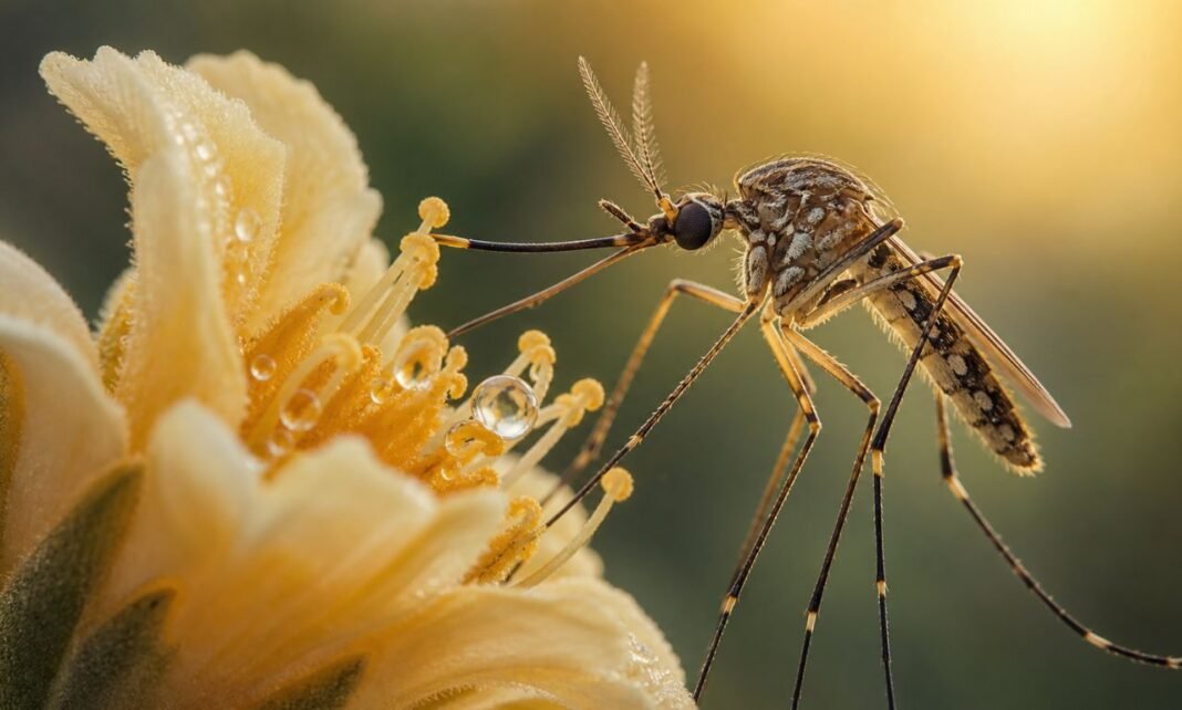 Pernilongo em macro próximo a uma flor com néctar visível, ilustrando que pernilongos comem néctar