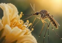 Pernilongos não vivem de sangue e têm outro alimento favorito Pernilongo em macro próximo a uma flor com néctar visível, ilustrando que pernilongos comem néctar