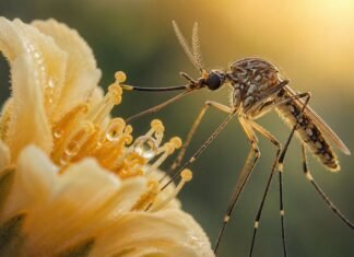 Pernilongos não vivem de sangue e têm outro alimento favorito Pernilongo em macro próximo a uma flor com néctar visível, ilustrando que pernilongos comem néctar