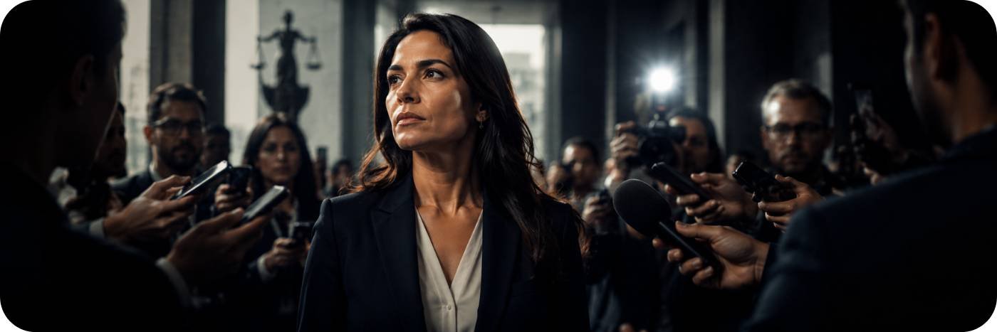 Mulher em ambiente institucional cercada por imprensa durante debate sobre violência política feminina