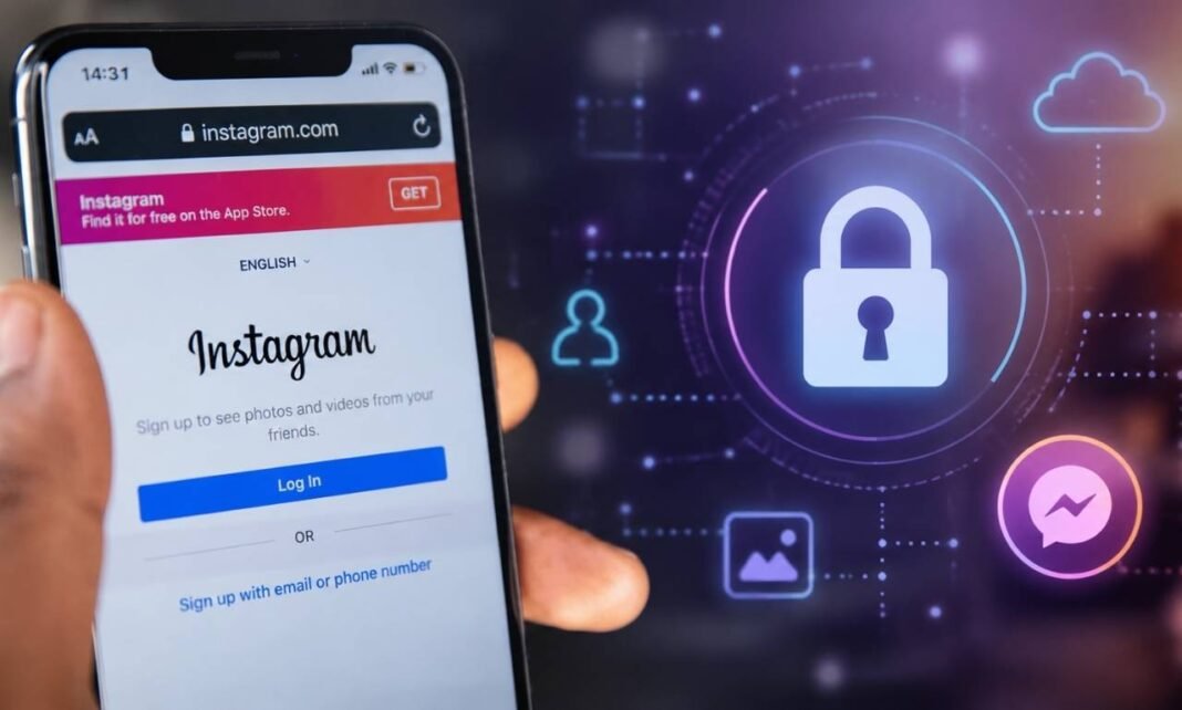 Privacidade do Instagram em banner com smartphone aberto na plataforma e ícones de segurança digital ao fundo