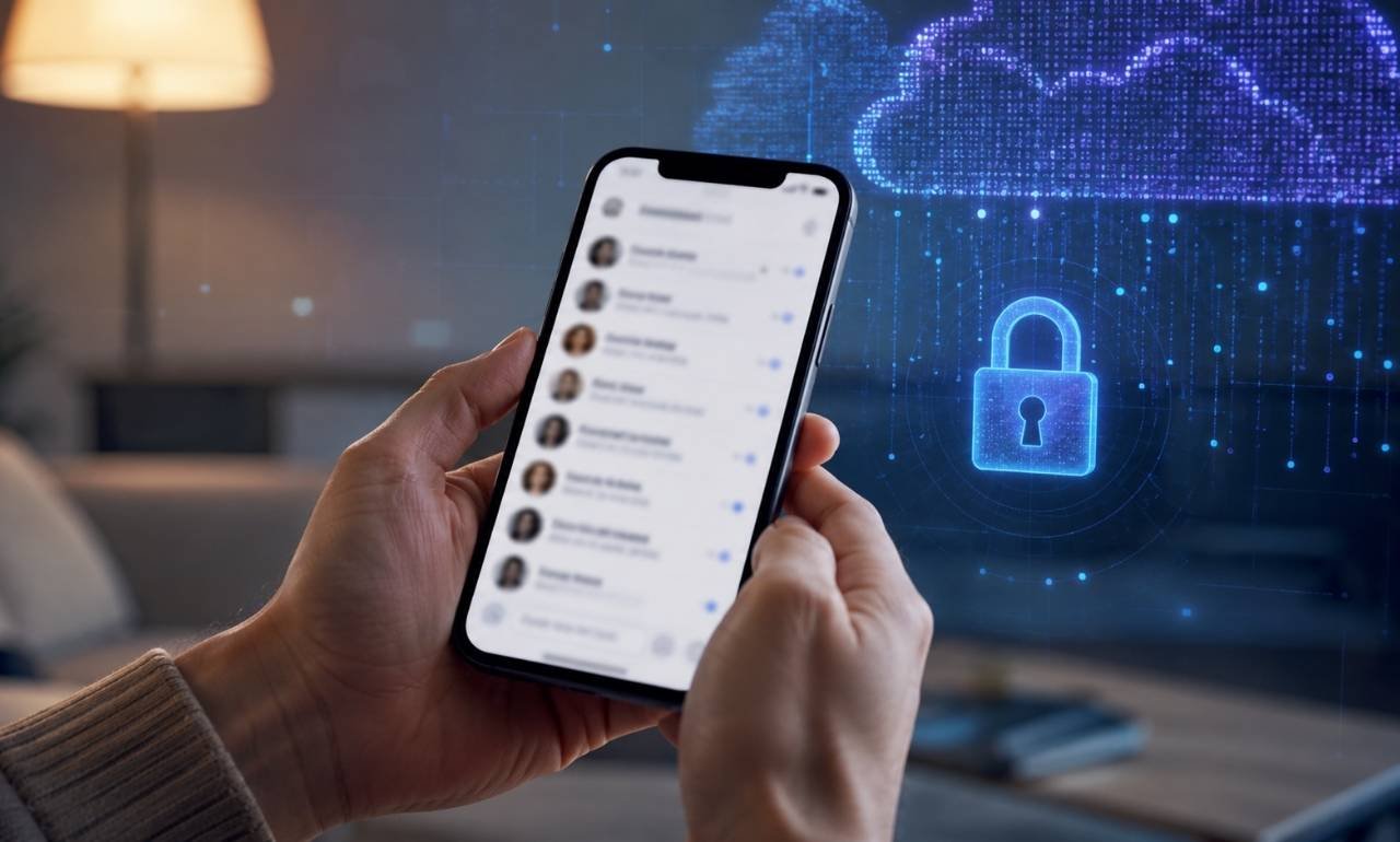 Privacidade do Instagram em destaque em smartphone com mensagens diretas abertas e ícone digital de cadeado ao fundo