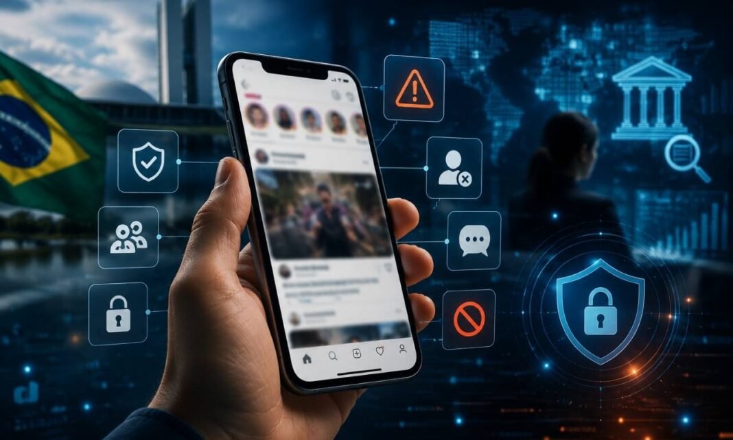 Pessoa segura celular com rede social desfocada enquanto ícones de segurança digital representam regras para big techs no Brasil