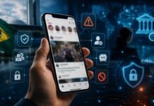 Brasil amplia regras para big techs e endurece controle das plataformas Pessoa segura celular com rede social desfocada enquanto ícones de segurança digital representam regras para big techs no Brasil