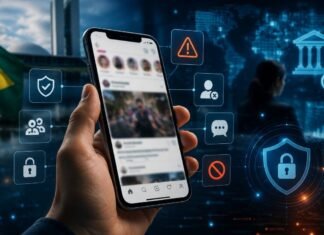 Brasil amplia regras para big techs e endurece controle das plataformas Pessoa segura celular com rede social desfocada enquanto ícones de segurança digital representam regras para big techs no Brasil