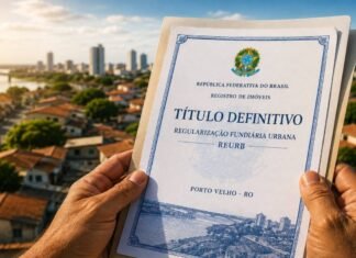 Regularização fundiária beneficia mais de 120 famílias em Porto Velho Regularização fundiária em Porto Velho avança com documento de imóvel em destaque e bairro urbano ao fundo
