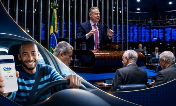 Renovação automática da CNH avança no Senado Renovação automática da CNH para bons condutores aprovada no Senado com motorista exibindo CNH digital no celular