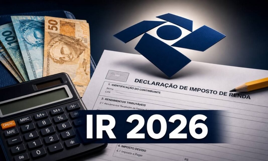 Restituição do IR 2026 com declaração de Imposto de Renda, calculadora e dinheiro sobre mesa