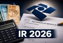 Prazo para entrar no 1º lote da restituição do IR 2026 termina domingo Restituição do IR 2026 com declaração de Imposto de Renda, calculadora e dinheiro sobre mesa