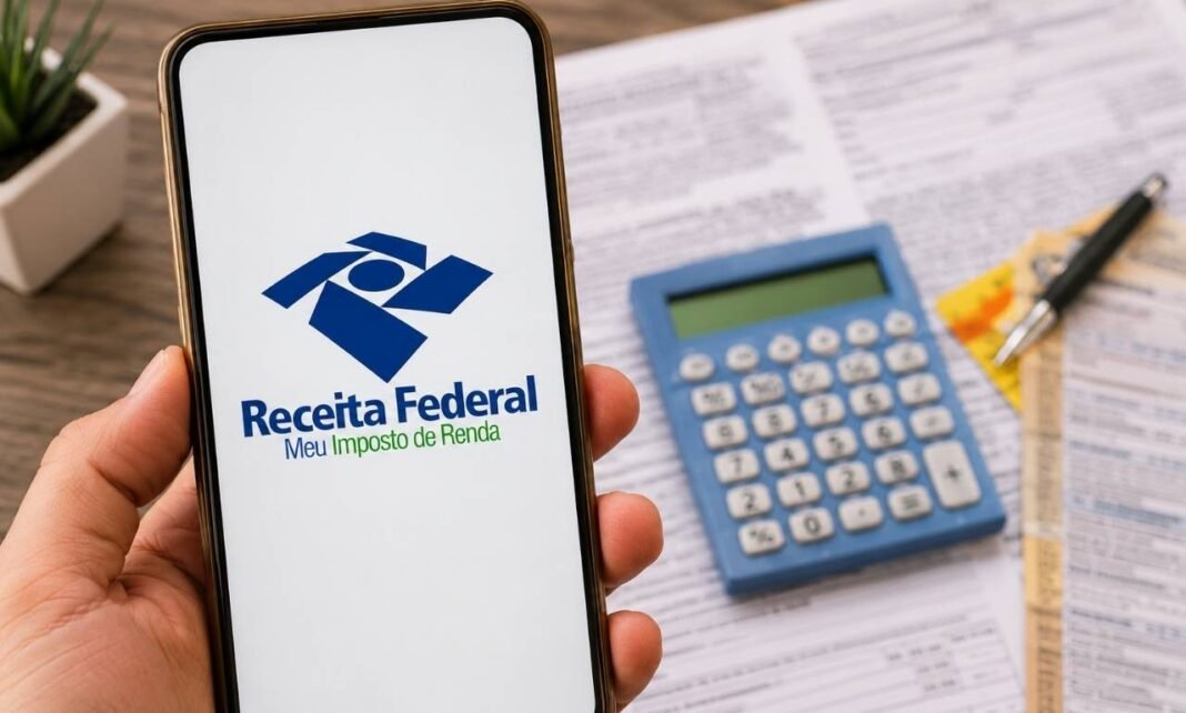 Celular com tela da Receita Federal em destaque sobre mesa com calculadora e documentos do Imposto de Renda.