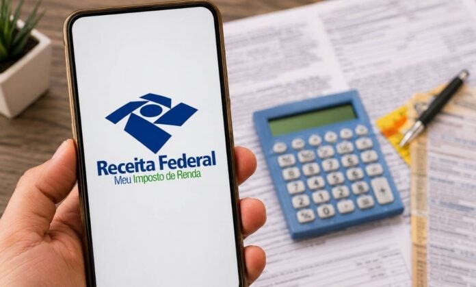 Restituição do IR 2026 pela Receita Federal Celular com tela da Receita Federal em destaque sobre mesa com calculadora e documentos do Imposto de Renda.