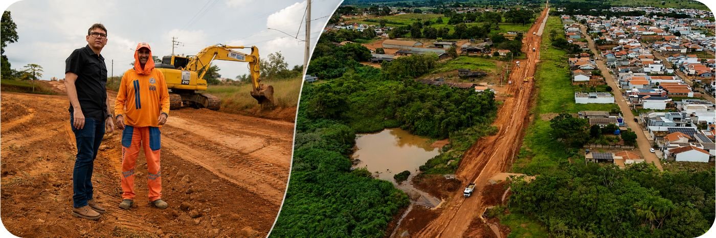 Arte horizontal mostra retomada da obra em Jaru na Linha 625 com autoridades, máquinas e vista aérea da região