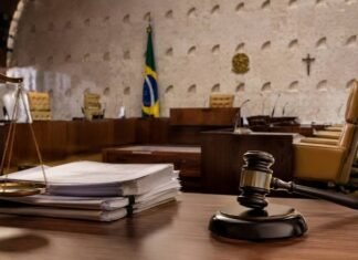 STF muda punição máxima para juízes em casos disciplinares graves Sala de tribunal com documentos, balança da justiça e martelo simboliza decisão do STF sobre aposentadoria compulsória de magistrados
