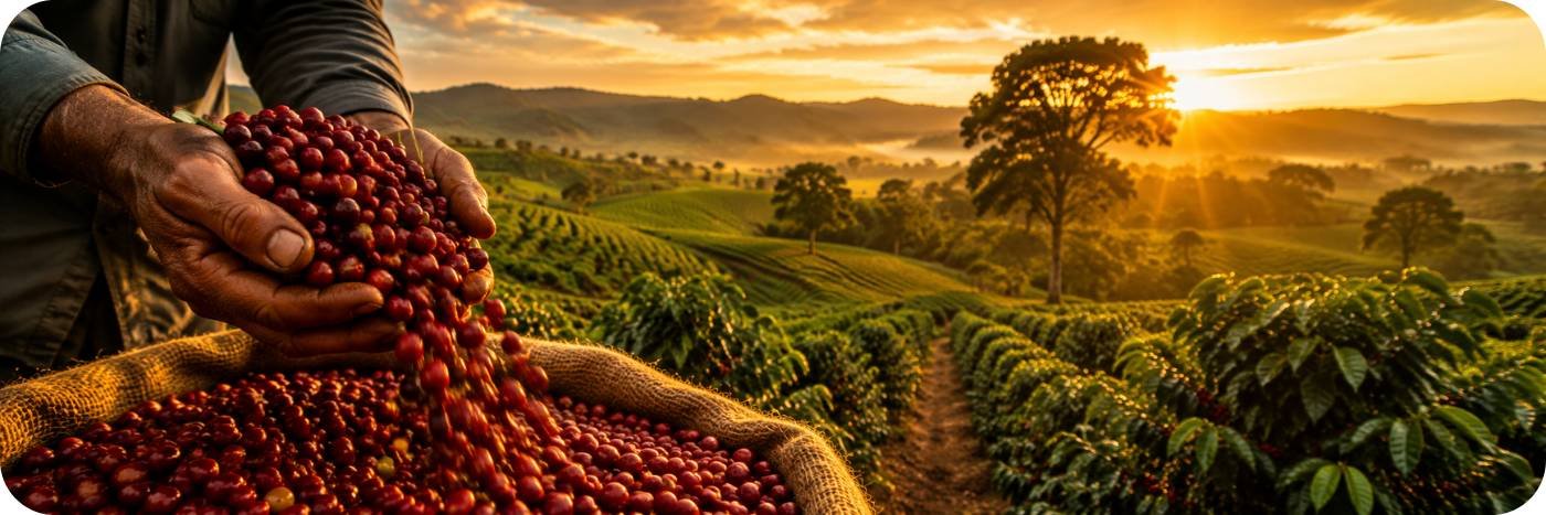 Produtor rural segurando grãos de café durante safra em Rondônia