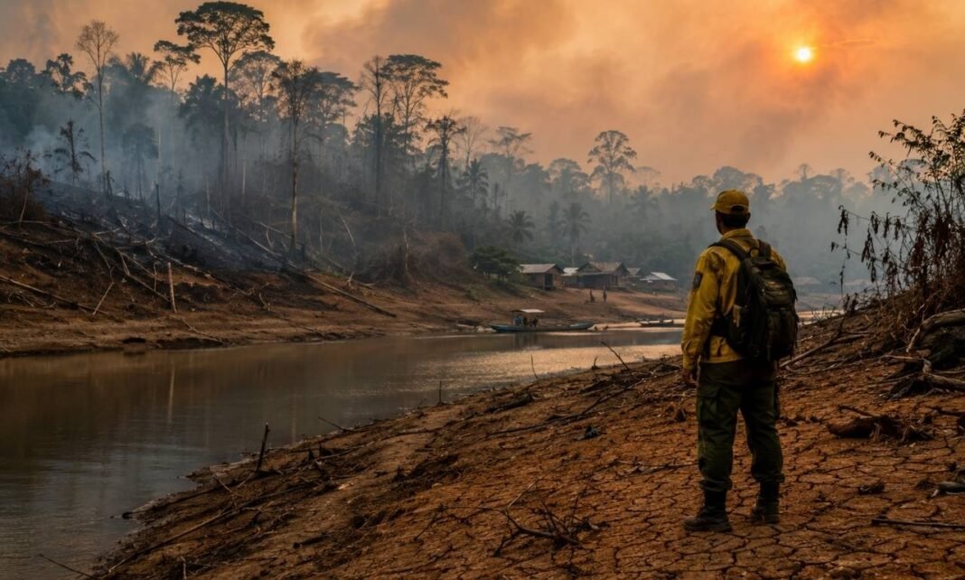 Brigadista observa margem de rio seco na Amazônia durante alerta de seca severa no Acre e risco de incêndios