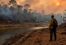 Acre se prepara para seca severa e risco elevado de incêndios Brigadista observa margem de rio seco na Amazônia durante alerta de seca severa no Acre e risco de incêndios