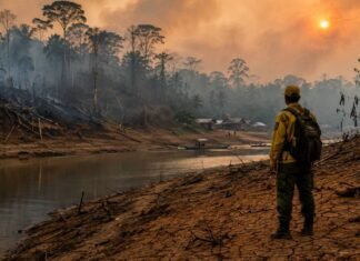 Acre se prepara para seca severa e risco elevado de incêndios Brigadista observa margem de rio seco na Amazônia durante alerta de seca severa no Acre e risco de incêndios